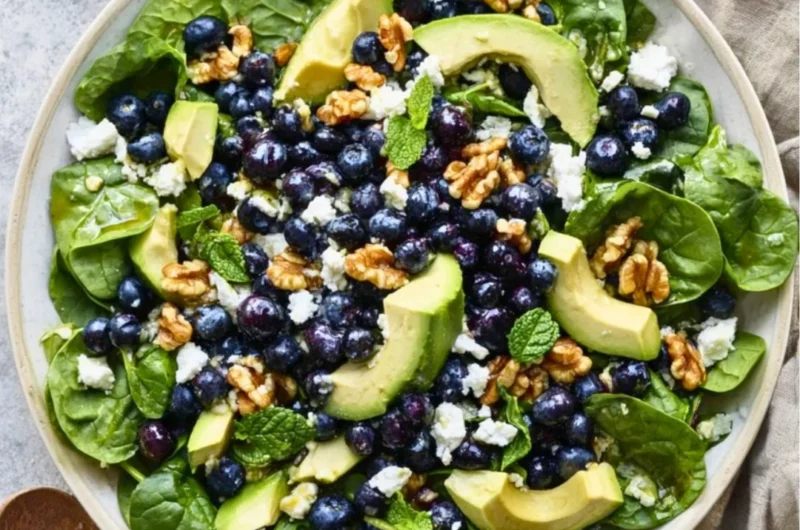 Fresh spinach blueberry salad ready in 20 minutes, a healthy and vibrant dish.