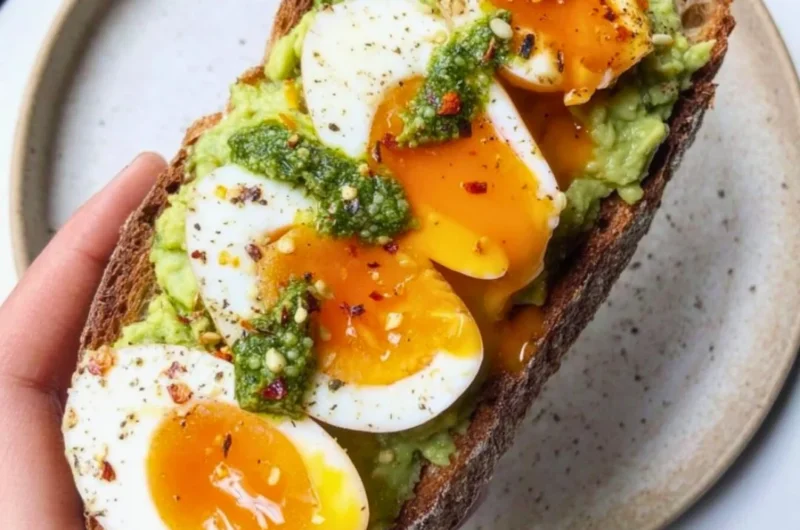 Avocado Pesto Toast topped with eggs on a plate