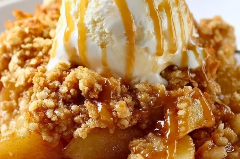Delicious baked apple crumble topped with a golden brown crumb layer
