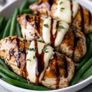 Balsamic baked chicken breast topped with melted mozzarella cheese