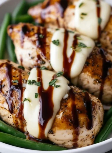 Balsamic baked chicken breast topped with melted mozzarella cheese