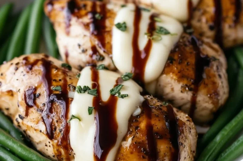 Balsamic baked chicken breast topped with melted mozzarella cheese