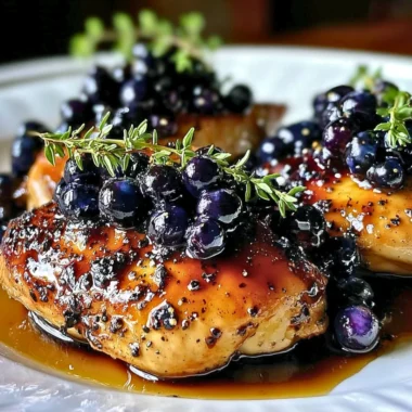 Delicious blueberry thyme chicken dish garnished with fresh thyme and blueberries.