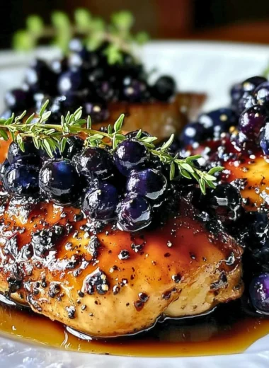 Delicious blueberry thyme chicken dish garnished with fresh thyme and blueberries.