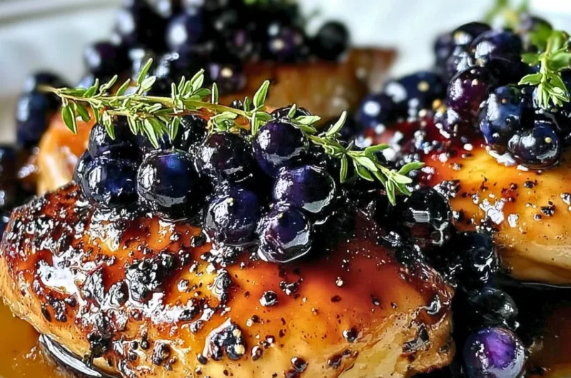 Delicious blueberry thyme chicken dish garnished with fresh thyme and blueberries.