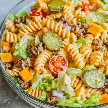 Big Mac Pasta Salad with ground beef, lettuce, pickles, and special sauce