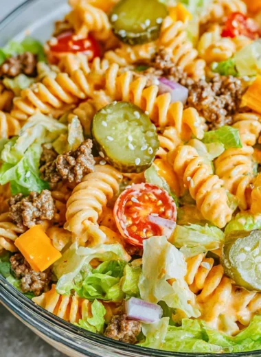 Big Mac Pasta Salad with ground beef, lettuce, pickles, and special sauce