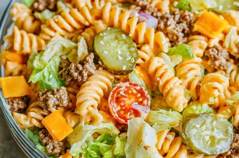 Big Mac Pasta Salad with ground beef, lettuce, pickles, and special sauce