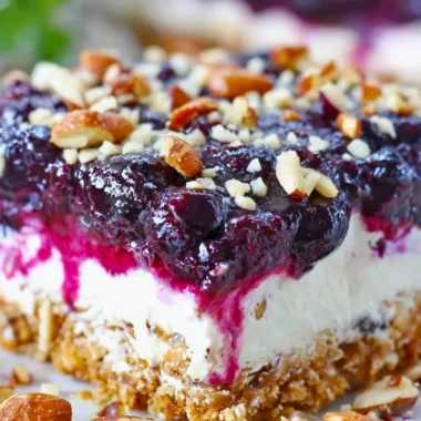 Delicious Blueberry Pretzel Salad with blueberries and pretzel crust