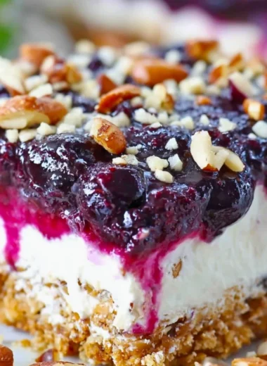 Delicious Blueberry Pretzel Salad with blueberries and pretzel crust