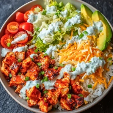 Delicious Buffalo Chicken Bowls topped with fresh ingredients