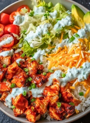 Delicious Buffalo Chicken Bowls topped with fresh ingredients