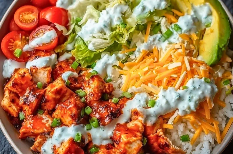 Delicious Buffalo Chicken Bowls topped with fresh ingredients