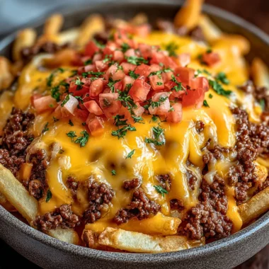 Cheeseburger Casserole with crispy French fries and melted cheese