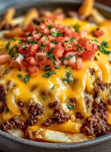 Cheeseburger Casserole with crispy French fries and melted cheese
