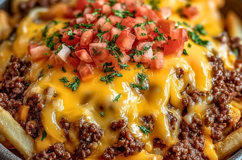 Cheeseburger Casserole with crispy French fries and melted cheese
