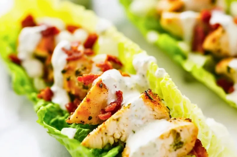 Plate of Chicken Bacon Ranch Lettuce Wraps with fresh ingredients.