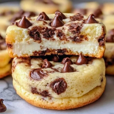Chocolate chip cheesecake cookies with creamy filling and chocolate chips