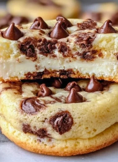 Chocolate chip cheesecake cookies with creamy filling and chocolate chips