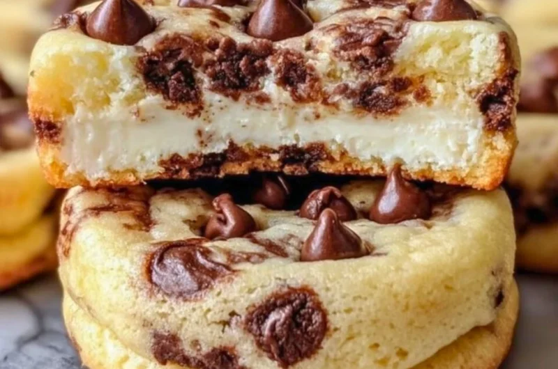 Chocolate chip cheesecake cookies with creamy filling and chocolate chips