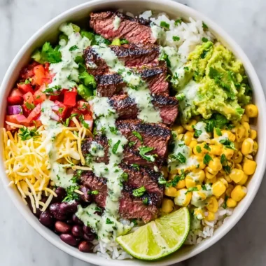 A vibrant cilantro lime steak bowl featuring grilled steak, rice, and fresh vegetables.