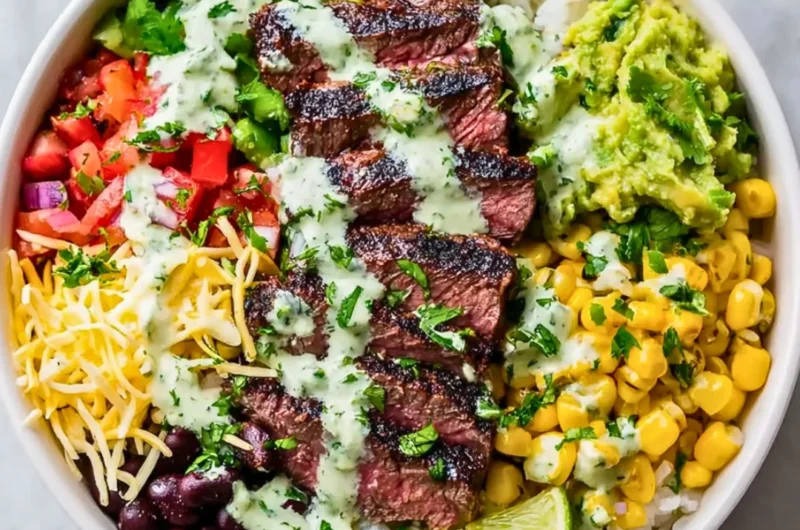 A vibrant cilantro lime steak bowl featuring grilled steak, rice, and fresh vegetables.
