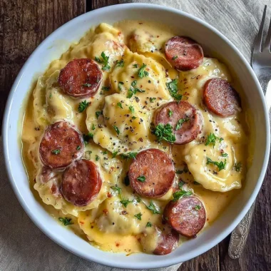Classic Pierogi Casserole with Kielbasa in a crockpot, an easy comfort food recipe