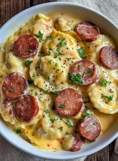 Classic Pierogi Casserole with Kielbasa in a crockpot, an easy comfort food recipe