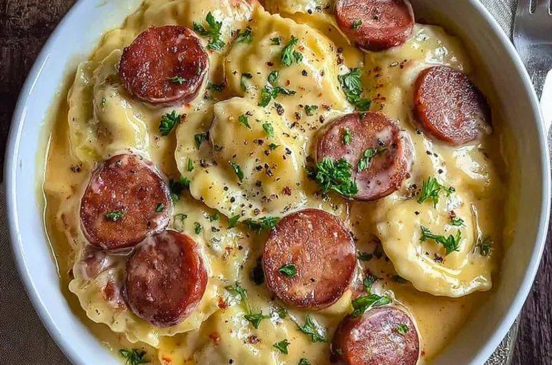 Classic Pierogi Casserole with Kielbasa in a crockpot, an easy comfort food recipe