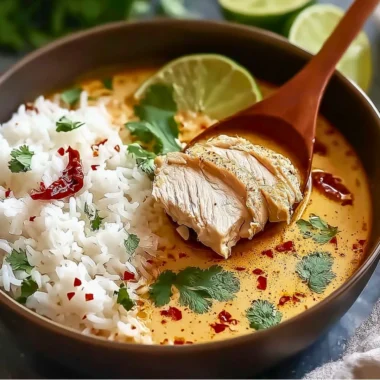 Coconut Chicken Brothy Rice dish garnished with fresh herbs