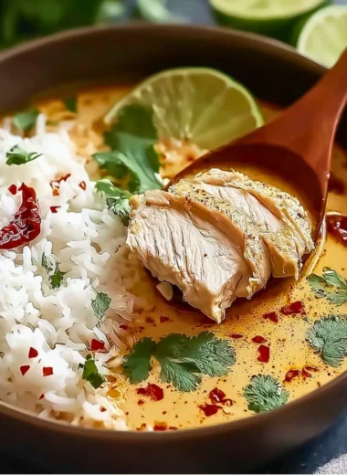 Coconut Chicken Brothy Rice dish garnished with fresh herbs