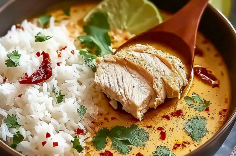 Coconut Chicken Brothy Rice dish garnished with fresh herbs