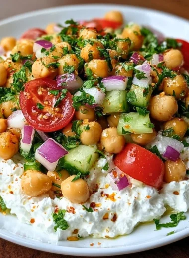 Cottage Cheese and Chickpeas Salad served in a bowl with fresh vegetables