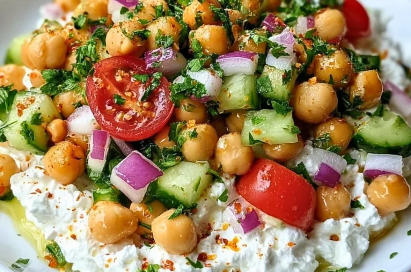 Cottage Cheese and Chickpeas Salad served in a bowl with fresh vegetables