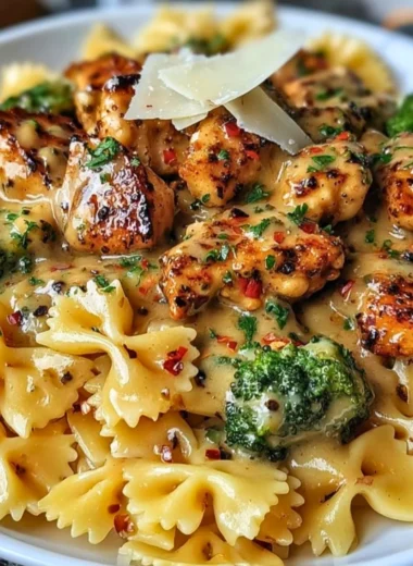 Cowboy Butter Lemon Bowtie Chicken served with fresh broccoli