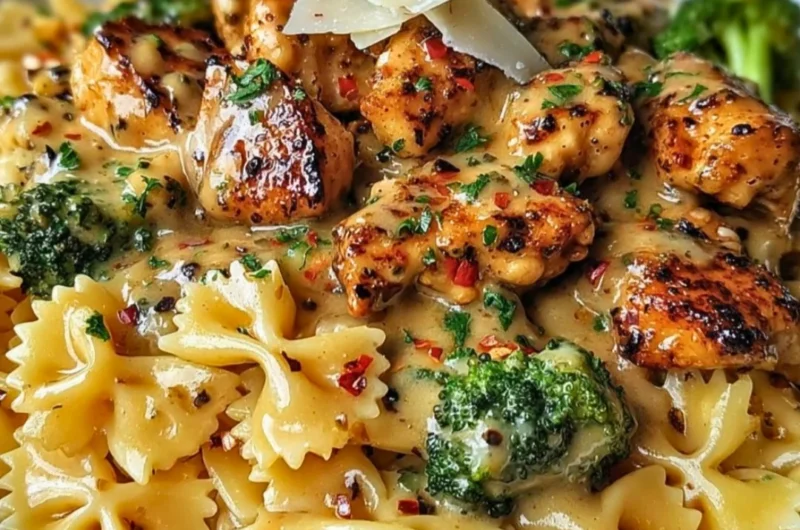 Cowboy Butter Lemon Bowtie Chicken served with fresh broccoli