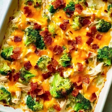 Creamy low carb chicken casserole dish served hot