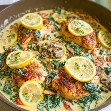 Creamy Mediterranean chicken skillet served with fresh vegetables and herbs.