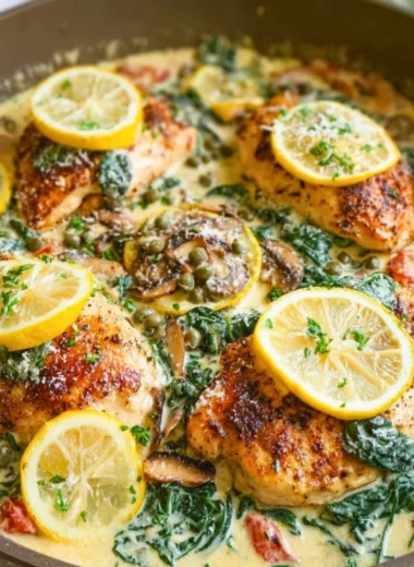 Creamy Mediterranean chicken skillet served with fresh vegetables and herbs.