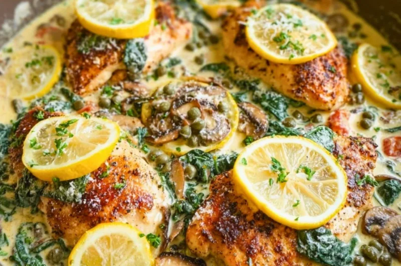 Creamy Mediterranean chicken skillet served with fresh vegetables and herbs.