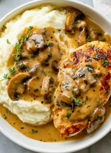 Creamy Mushroom Chicken dish garnished with herbs