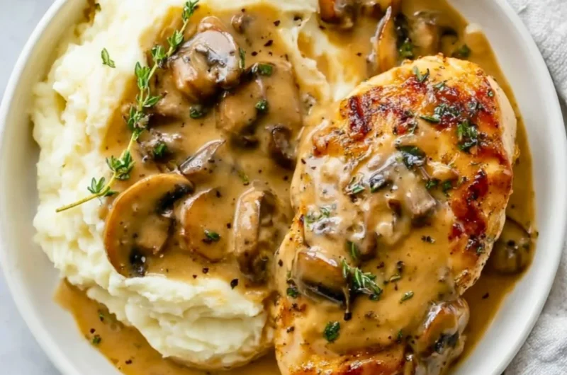 Creamy Mushroom Chicken dish garnished with herbs