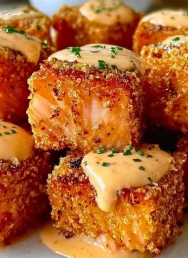 Crispy Bang Bang Salmon Bites served on a plate with dipping sauce