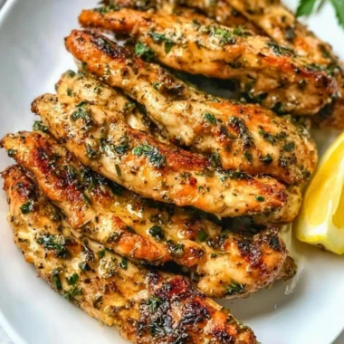 Plate of crispy Greek chicken tenders served with fresh herbs and lemon.