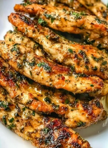 Plate of crispy Greek chicken tenders served with fresh herbs and lemon.