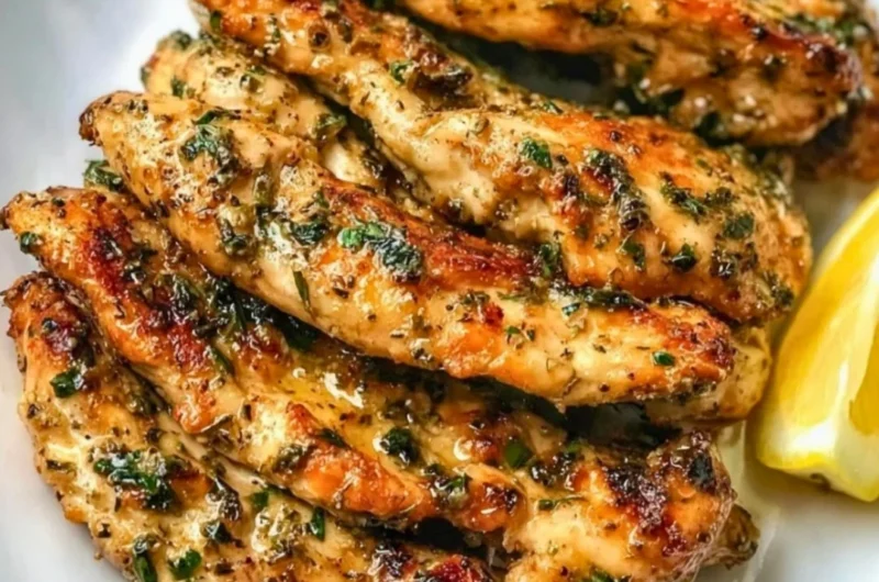 Plate of crispy Greek chicken tenders served with fresh herbs and lemon.