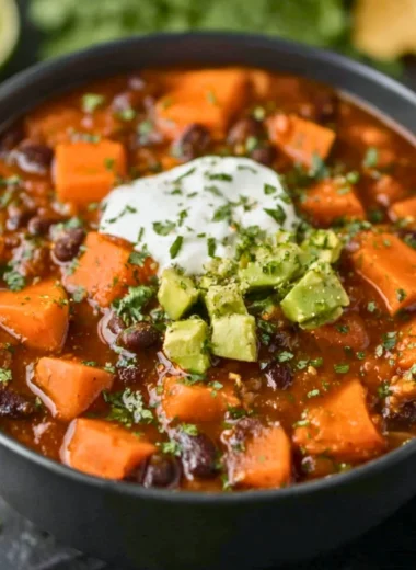 Crock Pot Sweet Potato Black Bean Chili in a bowl with toppings.