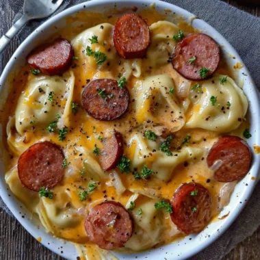 Crockpot pierogi casserole with kielbasa served in a bowl.