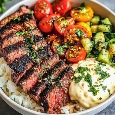 Mediterranean steak bowls with fresh vegetables and grains