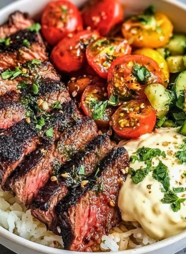 Mediterranean steak bowls with fresh vegetables and grains